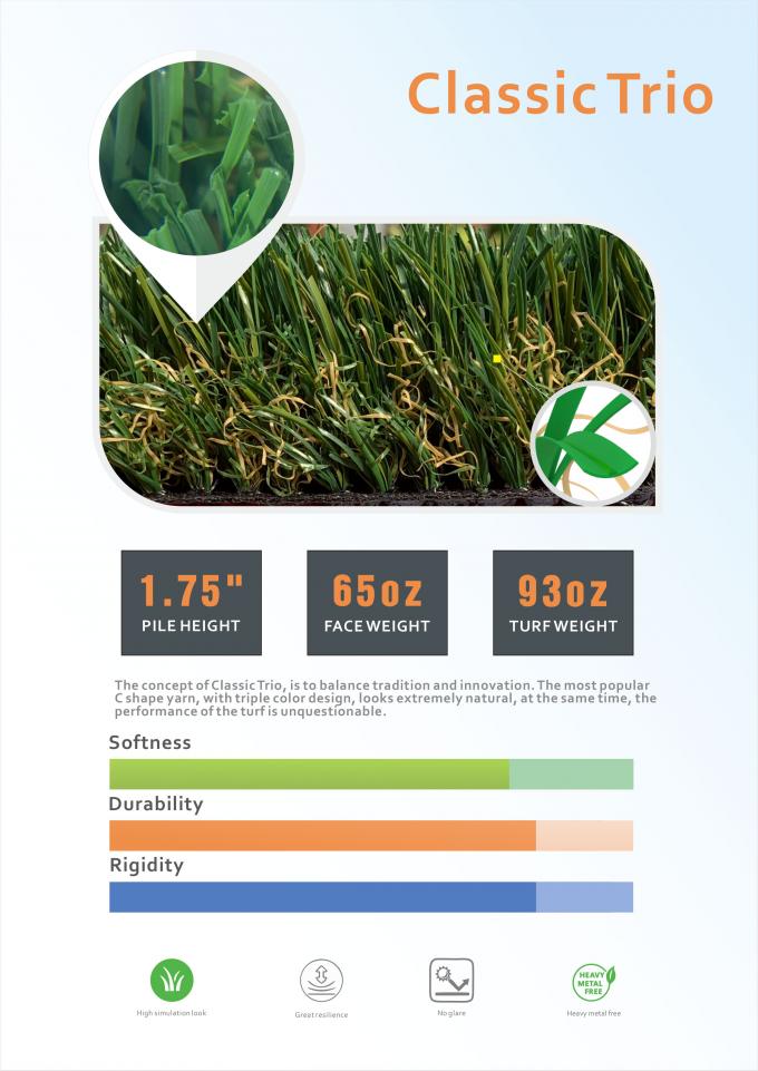 Thảm cỏ nhân tạo màu xanh lá cây ngoài trời Chiều cao 20mm 14650 Detex 0